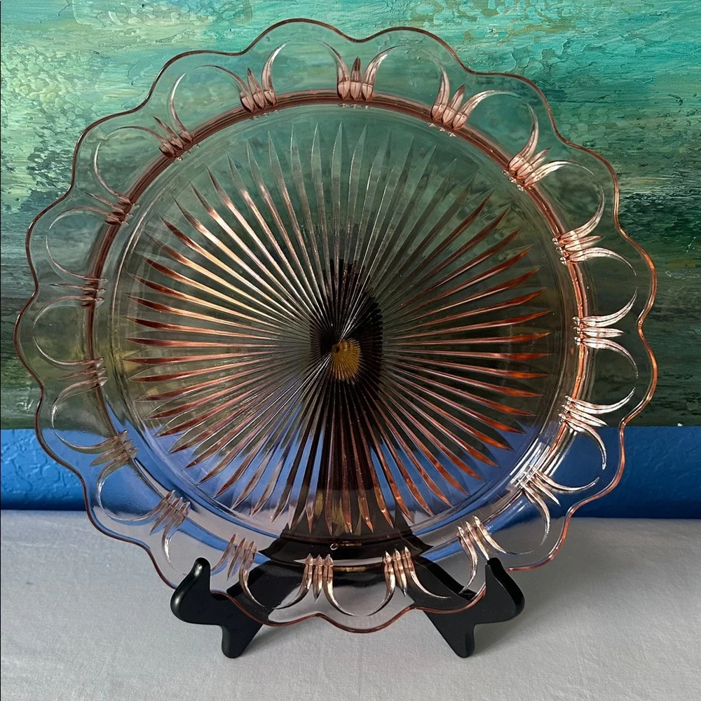 Vintage 13 inch large Anchor Hocking Pink Depression Glass Reticulated Server - Picture 3 of 11